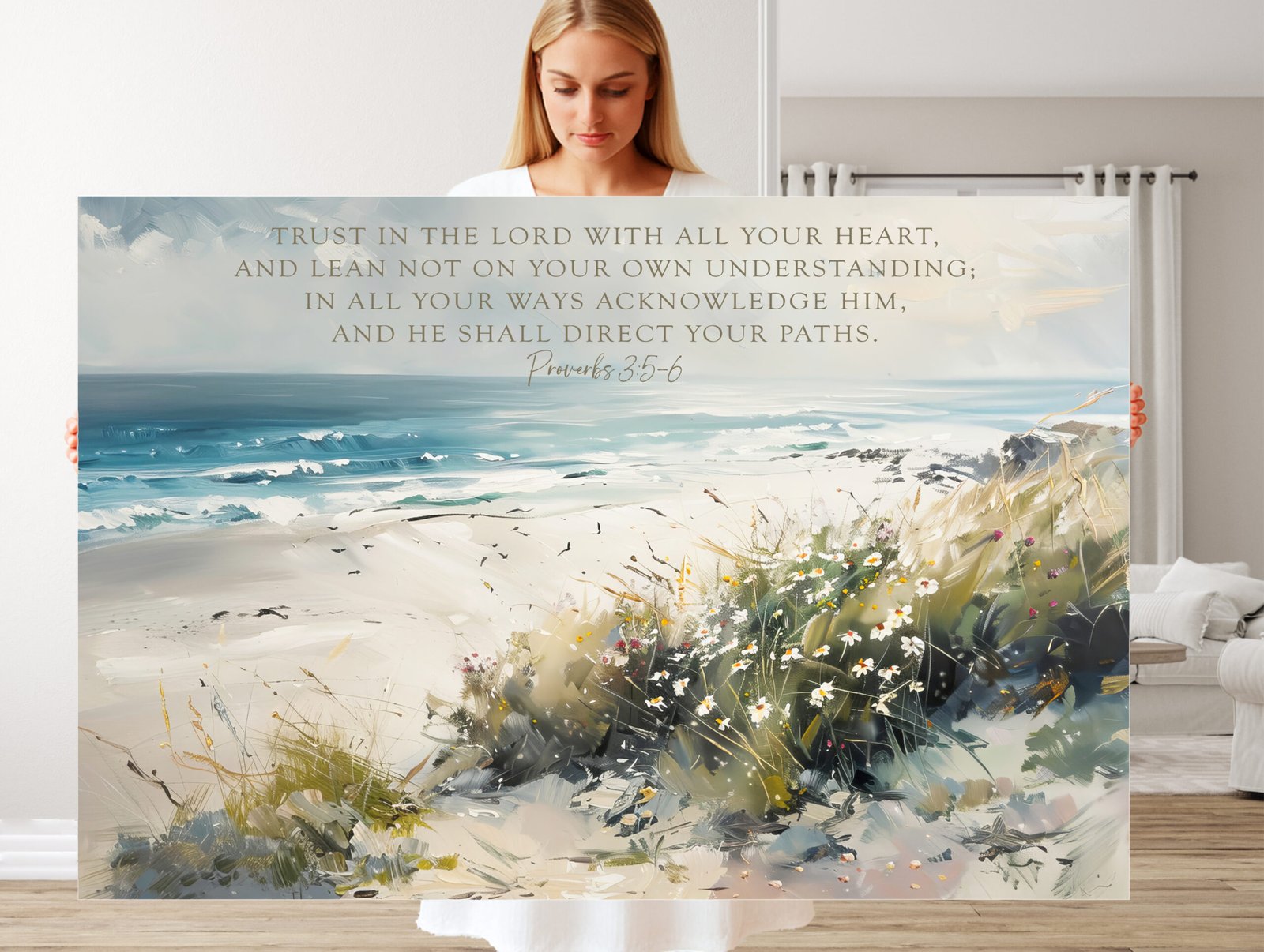 Bible Verse Coastal Landscape Art Proverbs 3: 5 6 Seascape Framed Canvas - Image 6