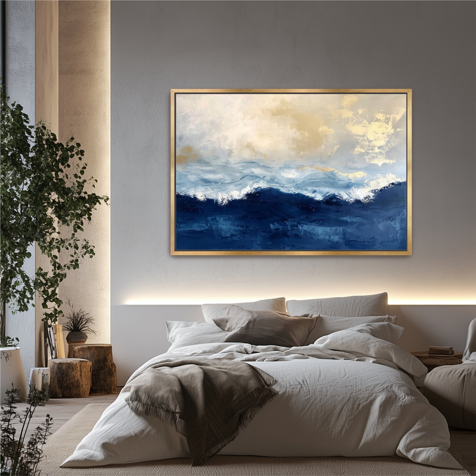 Abstract Navy Blue Gold Ocean Framed Canvas, Seascape Landscape - Image 4