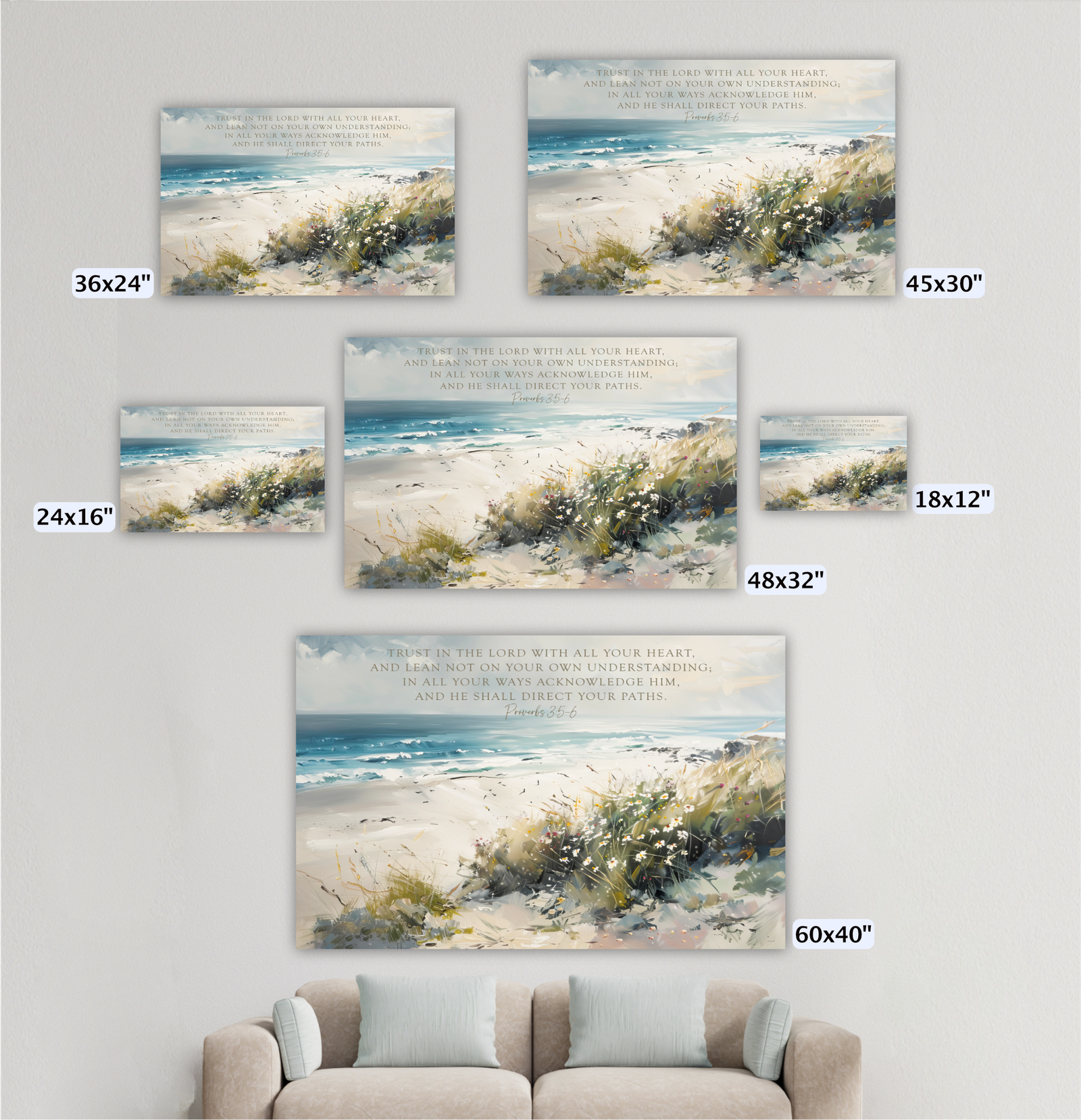 Bible Verse Coastal Landscape Art Proverbs 3: 5 6 Seascape Framed Canvas - Image 5
