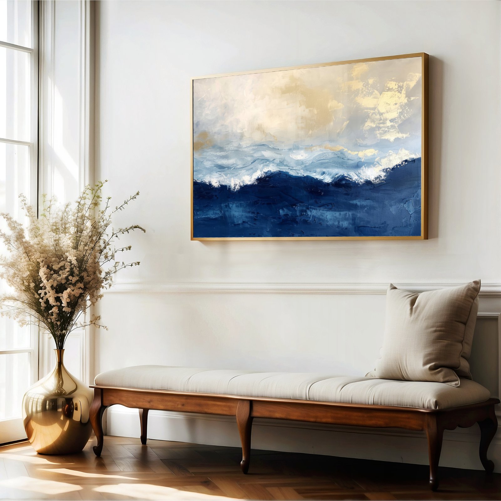 Abstract Navy Blue Gold Ocean Framed Canvas, Seascape Landscape - Image 5