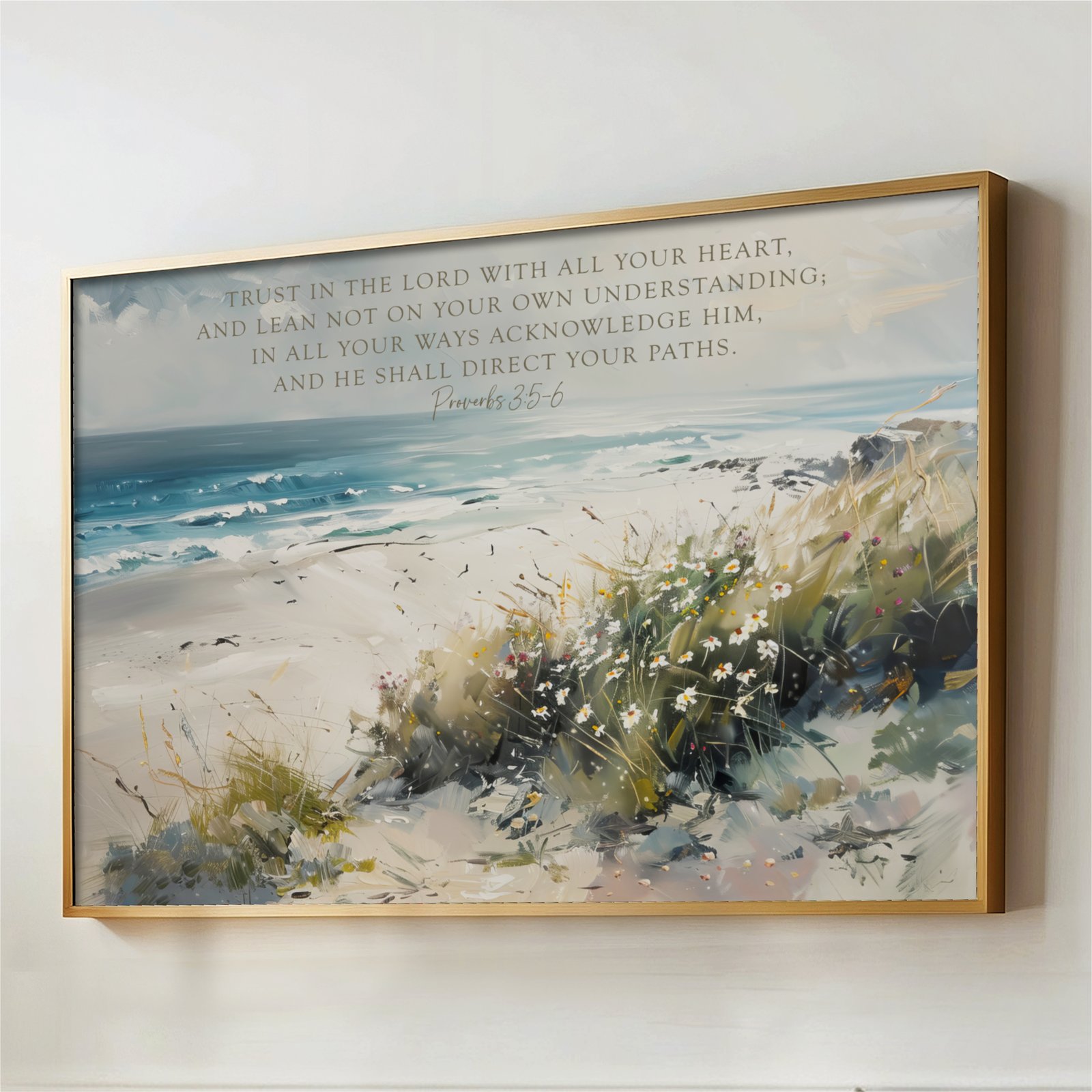 Bible Verse Coastal Landscape Art Proverbs 3: 5 6 Seascape Framed Canvas
