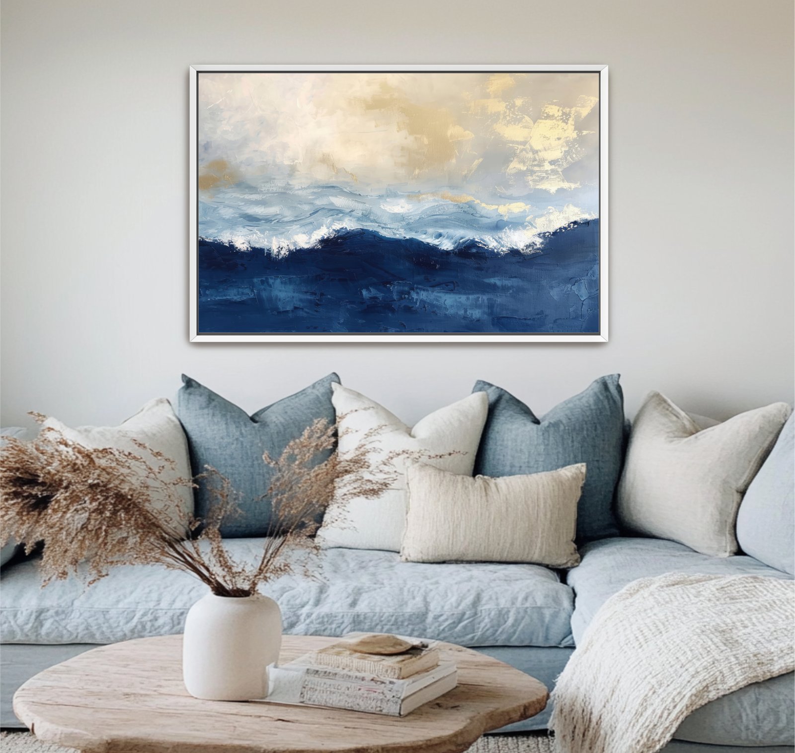 Abstract Navy Blue Gold Ocean Framed Canvas, Seascape Landscape - Image 6