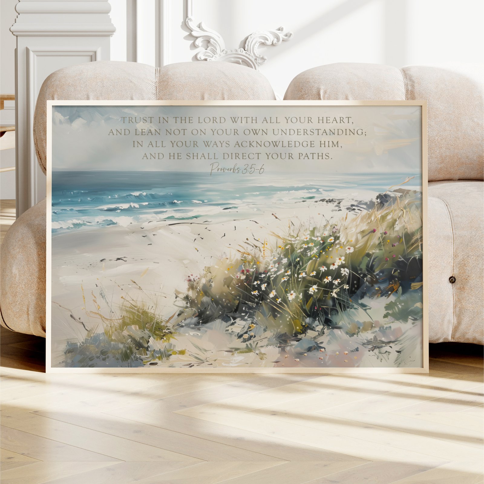 Bible Verse Coastal Landscape Art Proverbs 3: 5 6 Seascape Framed Canvas - Image 4