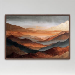 Rust Orange & Gold Abstract Mountains Canvas Artwork Beautiful shades of metallic looking colors in dark rust orange, gold, steel gray - Framed Canvas, Landscape Wall Decor