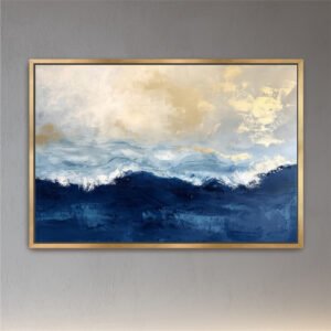 Abstract Navy Blue Gold Ocean Framed Canvas, Seascape Landscape