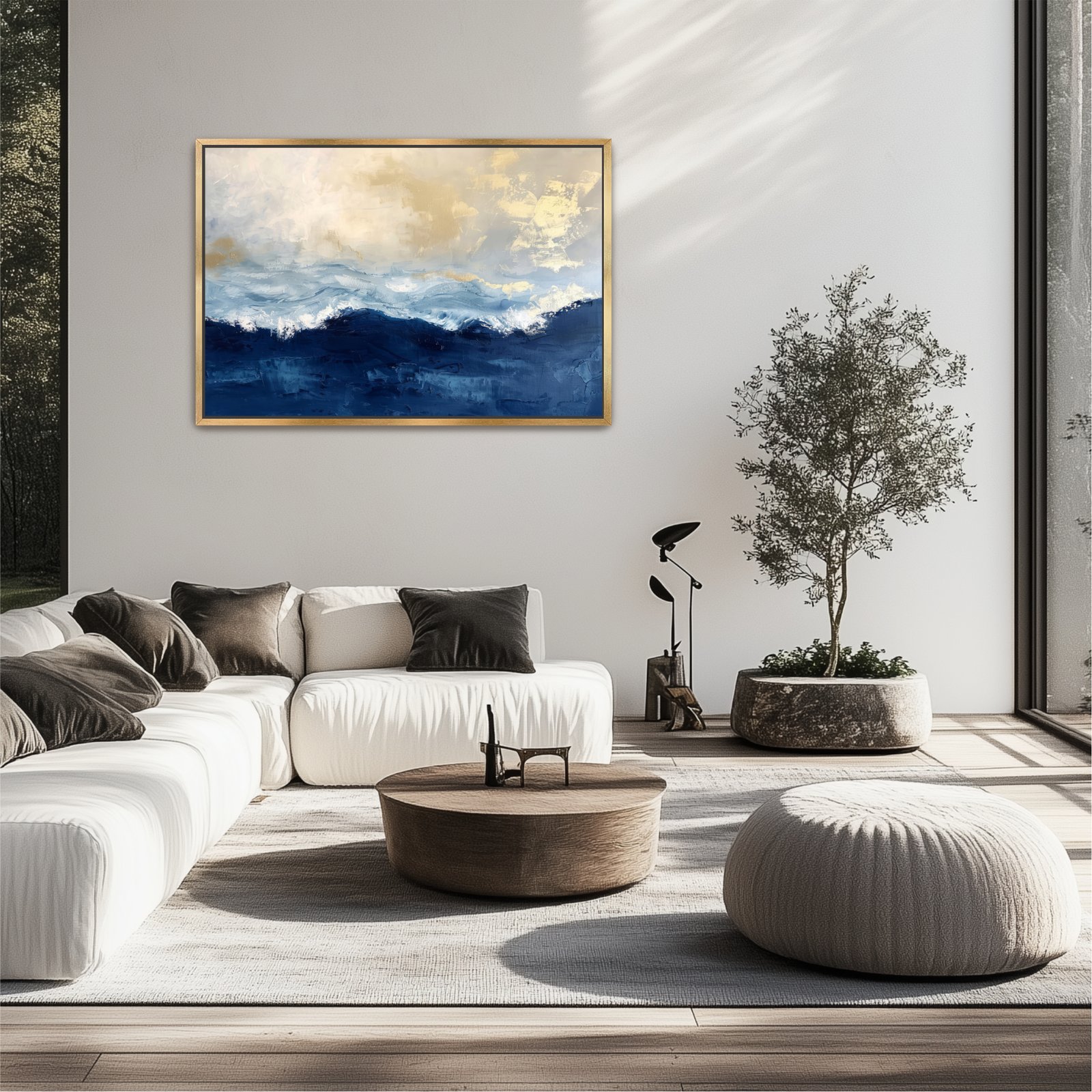 Abstract Navy Blue Gold Ocean Framed Canvas, Seascape Landscape - Image 9