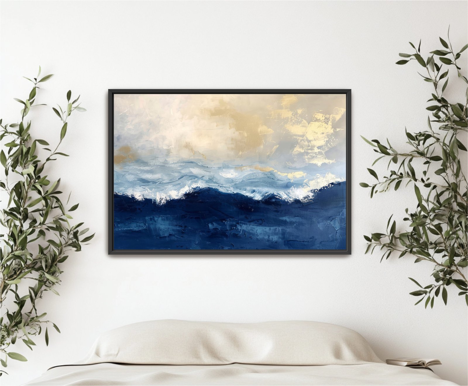 Abstract Navy Blue Gold Ocean Framed Canvas, Seascape Landscape - Image 8